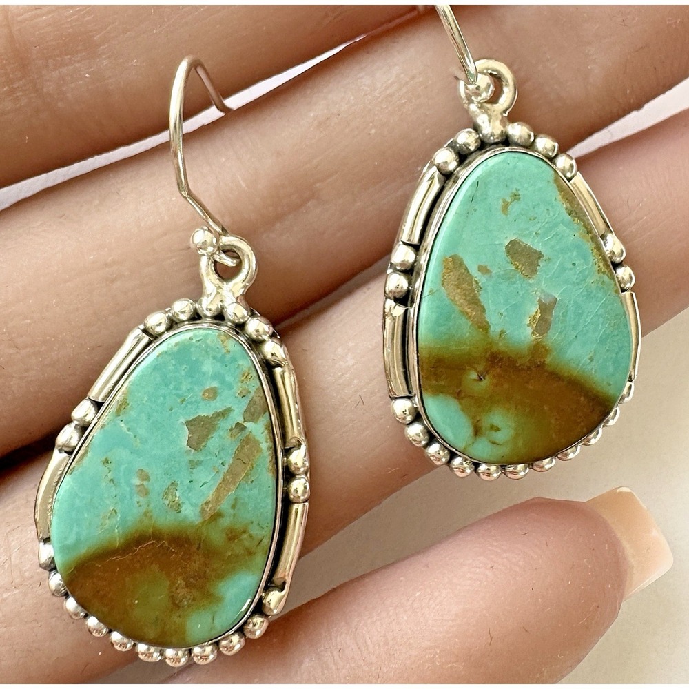 Southwest Turquoise Earrings 1.5in Hook Dangle 925 Sterling Signed Hada Handmade